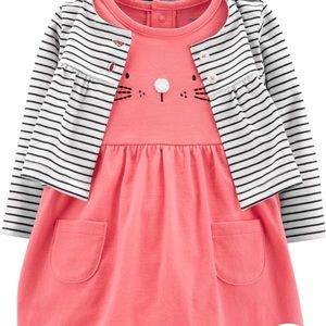 2-Piece Cat Bodysuit Dress & Cardigan Set